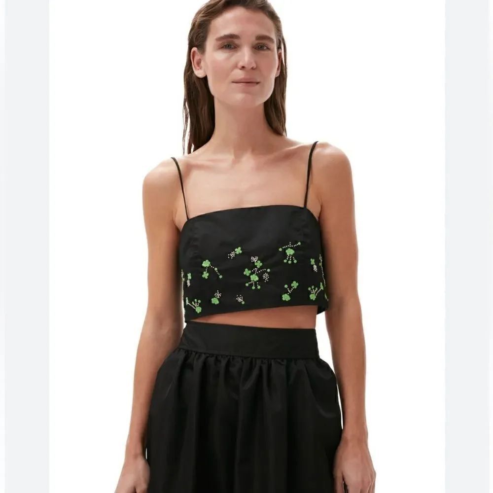 Ganni Black Floral Embroidered Crystal Embellished Square Neck Crop Top S $395